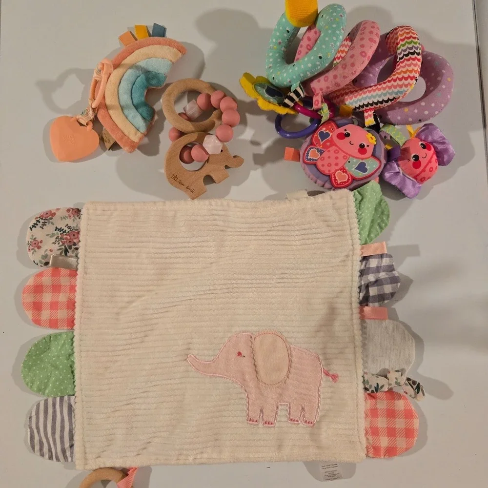 Modern Baby Pink Elephant Security Blanket Teether Taggie Crinkle Lovey Girl